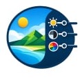 Circular icon showing a landscape photo with three editing sliders for brightness, contrast, and color